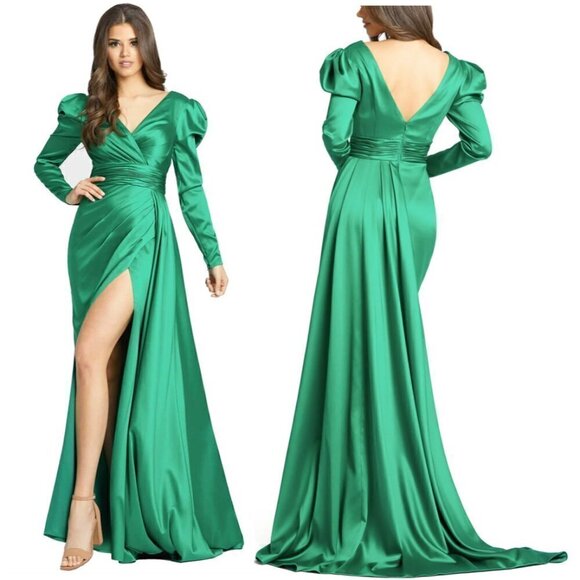 MAC DUGGAL Puff Sleeve Satin Faux Wrap Gown in Emerald Green Size US 14 NWT - Picture 1 of 12